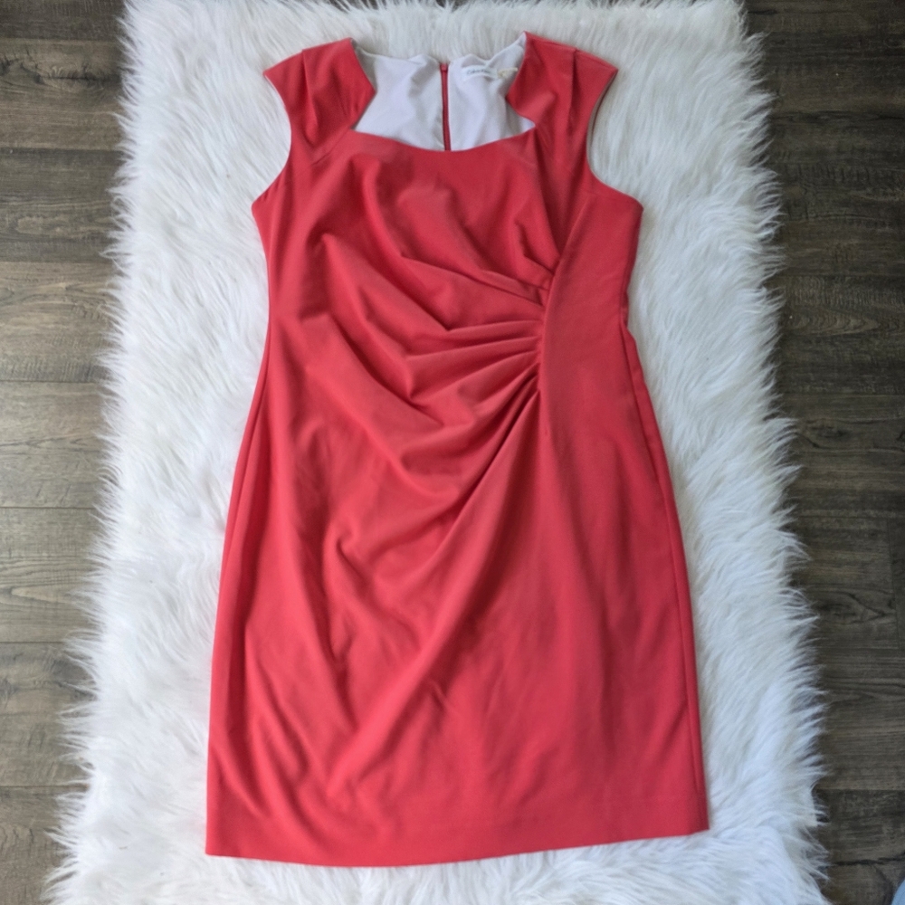 Calvin Klein Coral Red Midi Sheath Shift Work Dress Size 16